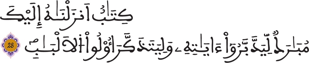 سورة ص الآية 28 كِتَابٌ أَنزَلْنَاهُ إِلَيْكَ مُبَارَكٌ لِّيَدَّبَّرُوا آيَاتِهِ وَلِيَتَذَكَّرَ أُولُو الْأَلْبَابِ